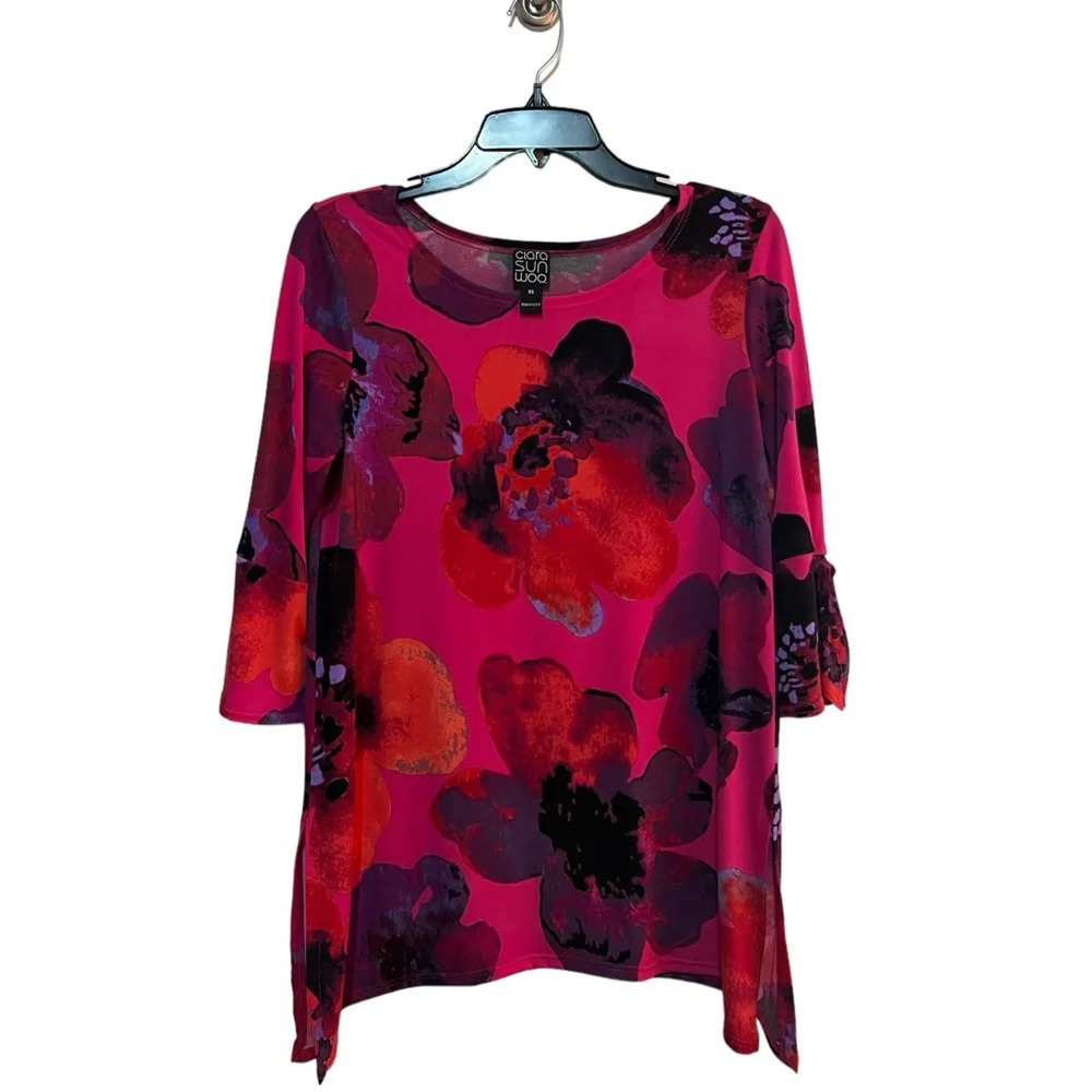 Clara Sun Woo Tunic Shirt Women’s XS Colorful 3/4 Tie Sleeves Poppy Floral